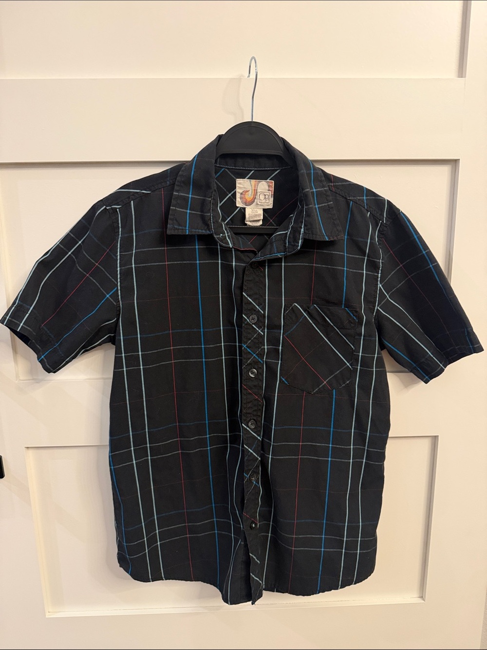 OP Black Short-Sleeve Plaid Button-Down Shirt with Blue and Light Gray Stripes